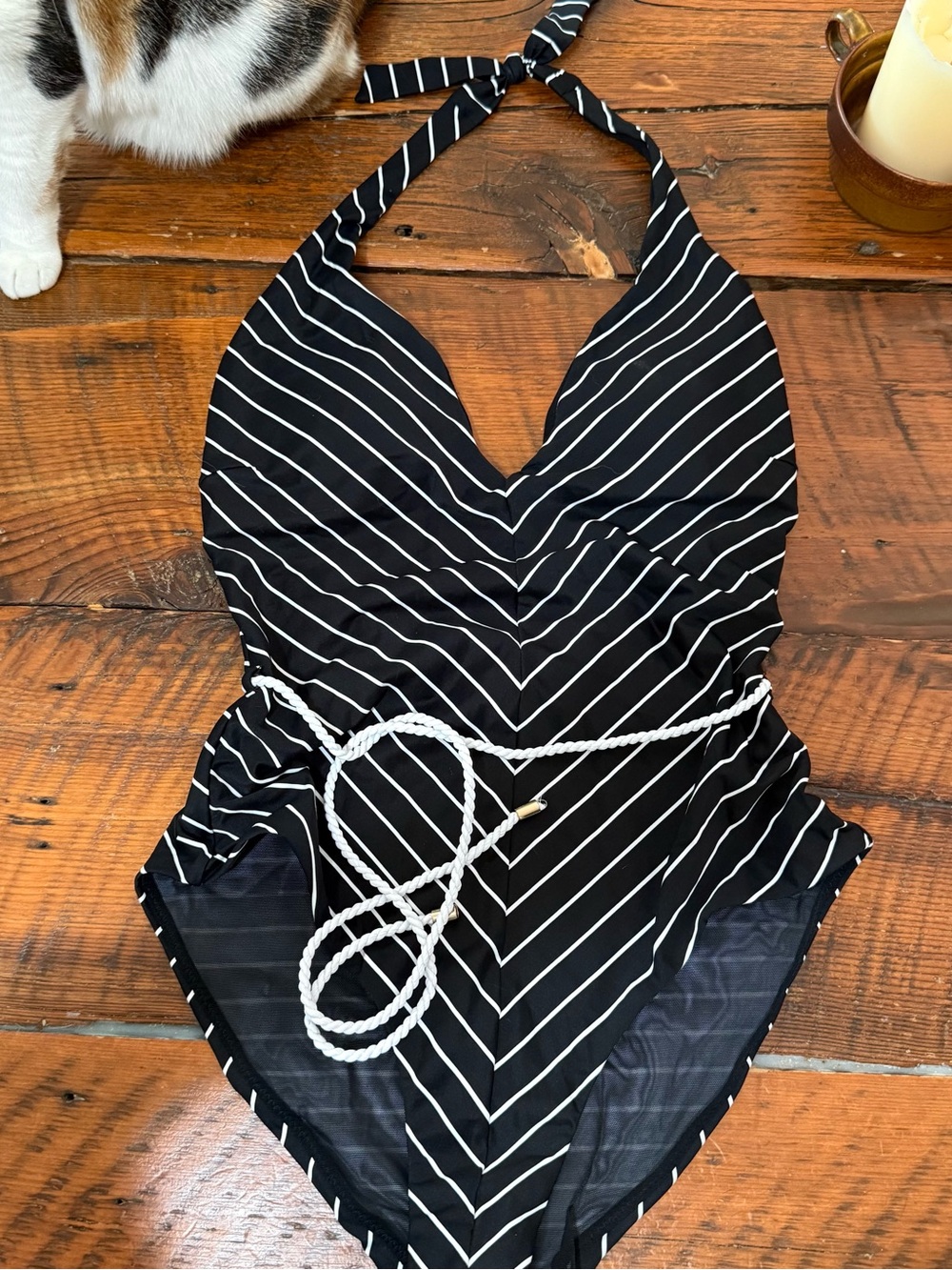 NWT Sea Level Black & White Striped One-Piece Swimsuit with Rope Belt